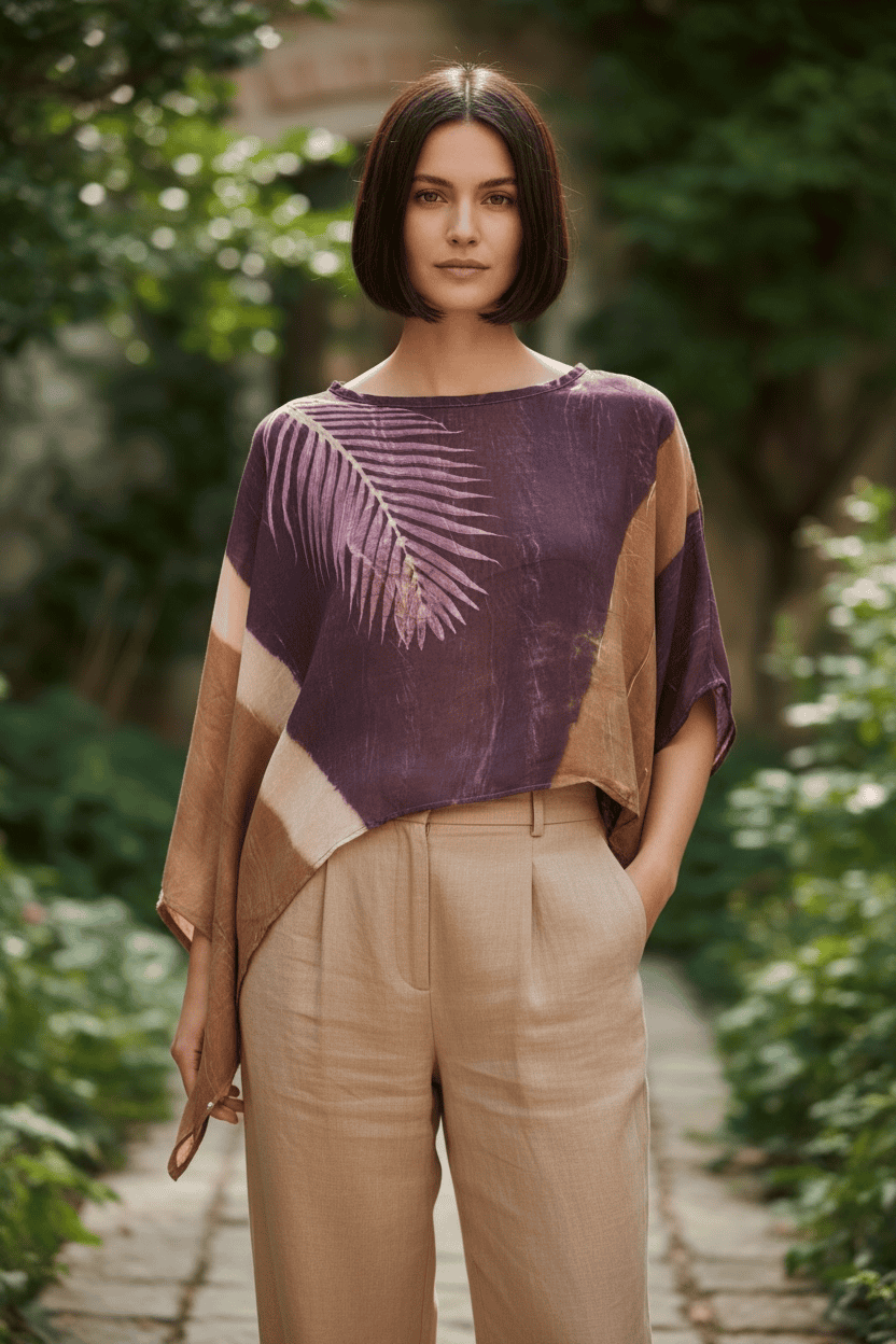 Blusa Sussurros da Natureza, georgette de seda, impressão botânica, Urucum Eco Print